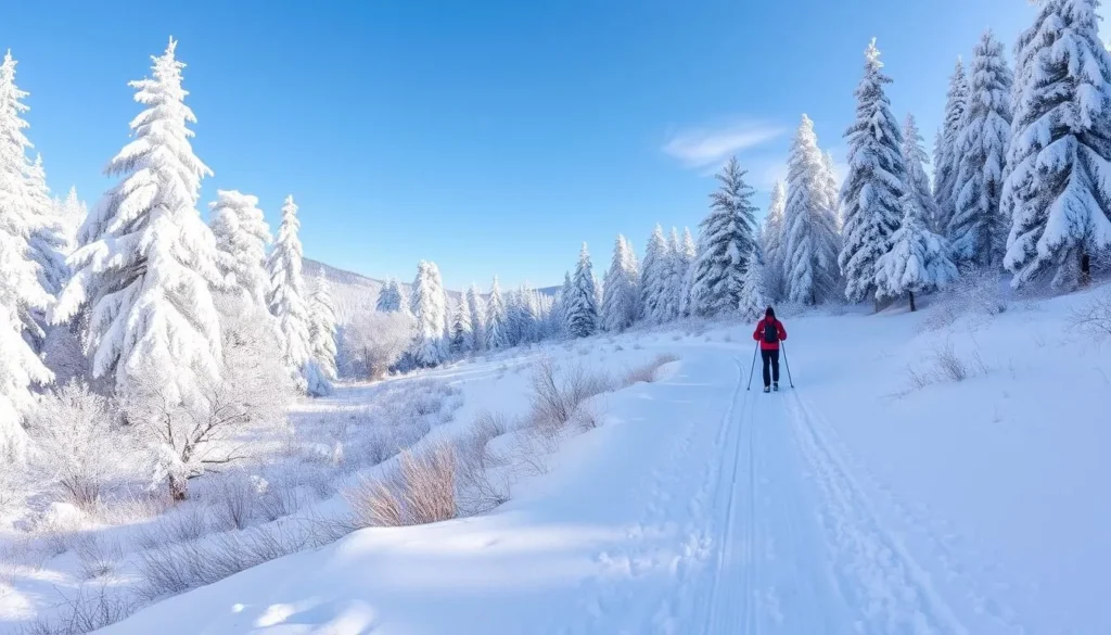 Image of a snow-covered trail in Setesdal-Ryfylkeheiane National Park with a skier in the distance.