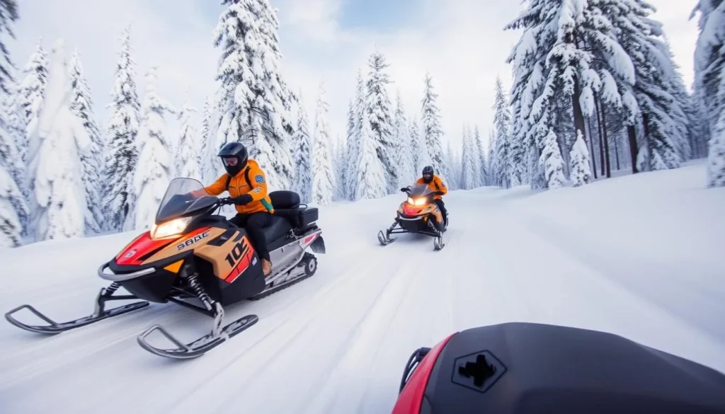 Image of a snowmobile safari through a snowy forest in Rovaniemi Image of a snowmobile safari through a snowy forest in Rovaniemi