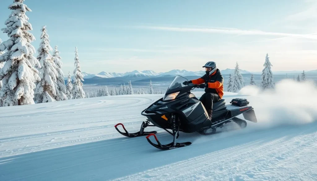 Image of a snowmobiler speeding across a snowy trail in Alta, Norway