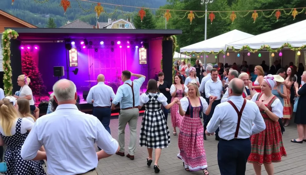 Image of a summer festival in Lillehammer with people enjoying outdoor concerts and traditional folk dances.