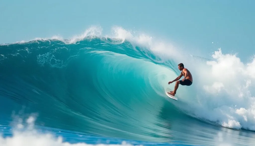 Image of a surfer riding a wave in Bogue Banks