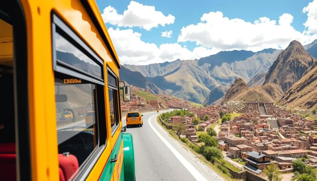 Image of a taxi or bus traveling from Cusco to Pisac