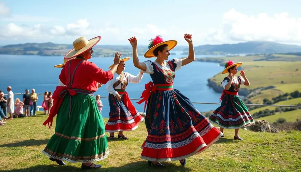 Image of a traditional Azorean folk dance performance on Ilha de Anhatomirim