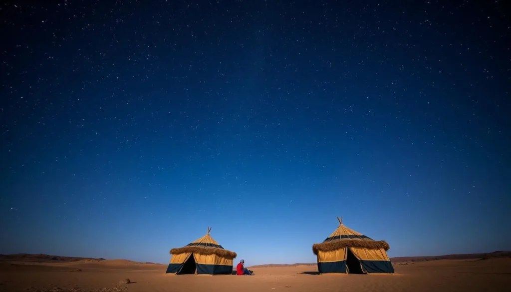 Image of a traditional Bedouin camp near Zarqa, Jordan, with goat-hair tents under a star-filled desert sky