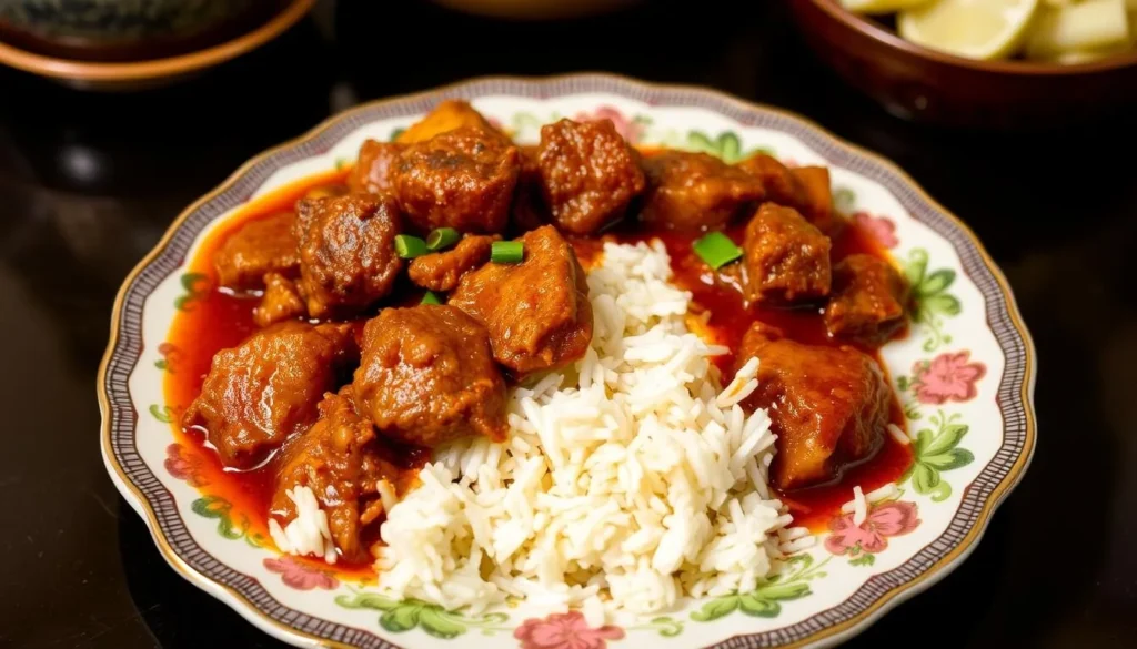 Image of a traditional Colombo dish with a rich pork stew and basmati rice