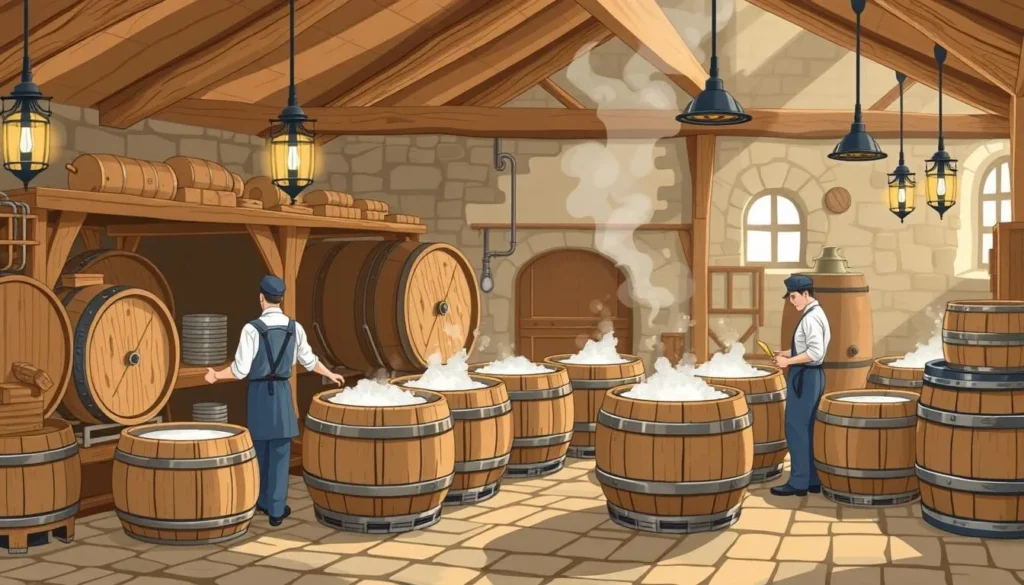 Image of a traditional Czech brewery with beer barrels and brewers at work