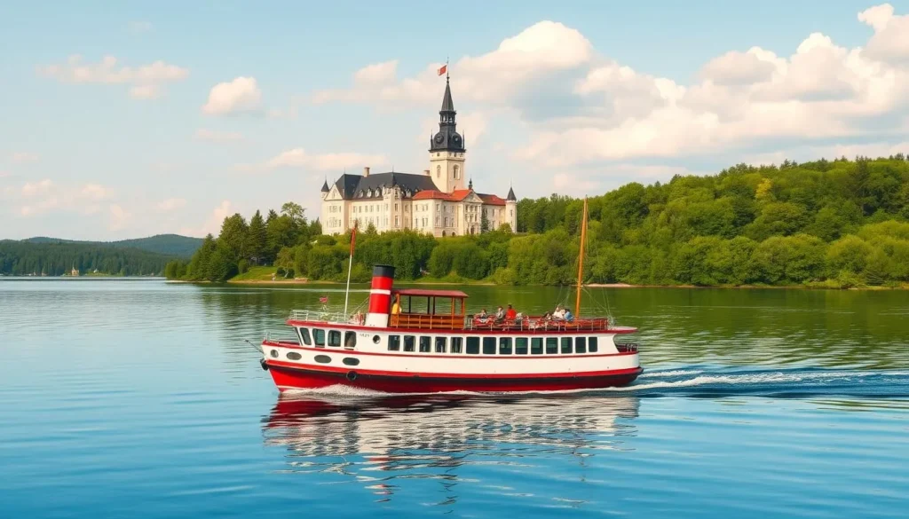 Image of a traditional Finnish steamboat cruising on Lake Saimaa with Olavinlinna Castle in the background.