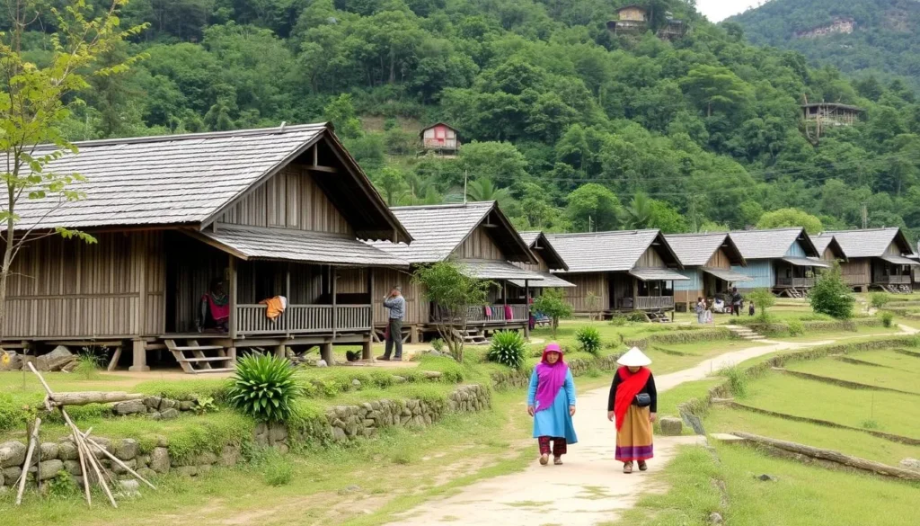 Image of a traditional Hmong village with stilt houses and vibrant textiles
