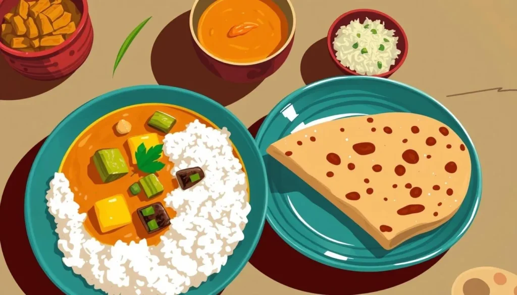 Image of a traditional Jharkhand meal with bamboo shoot curry and maduwa roti