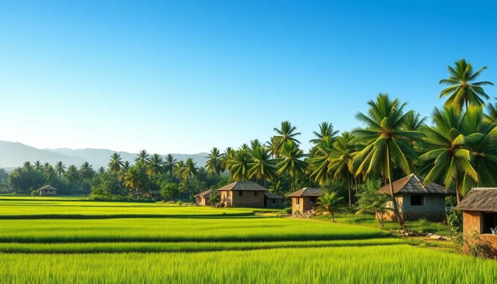 Image of a traditional Kerala village with paddy fields and coconut groves