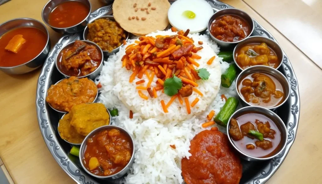 Image of a traditional Kolhapuri thali with spicy dishes
