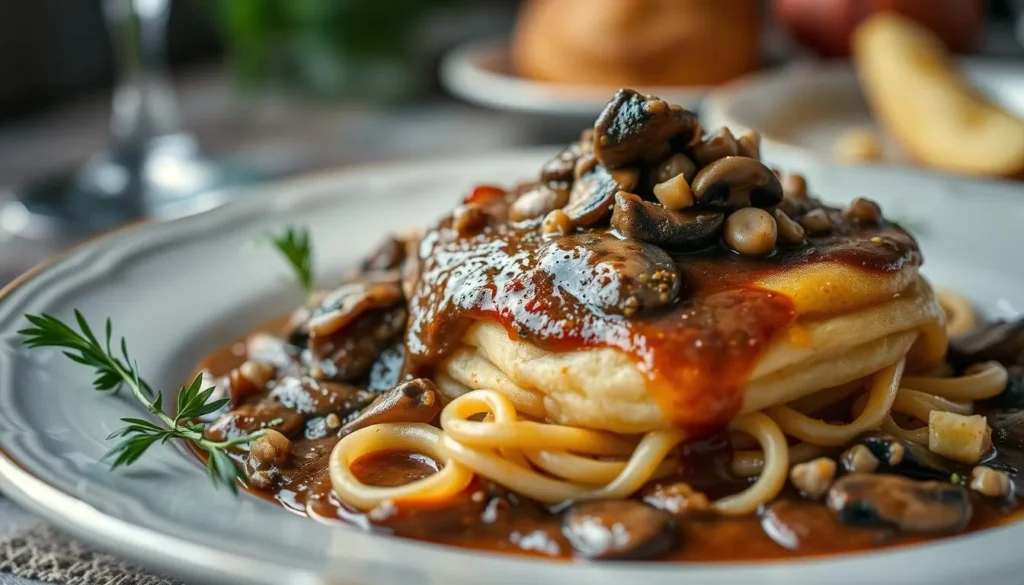 Image of a traditional Lithuanian dish, cepelinai, served with mushroom sauce