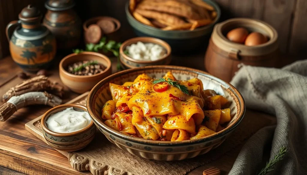 Image of a traditional Lithuanian dish, such as cepelinai or šaltibarščiai, being served in a rustic setting.