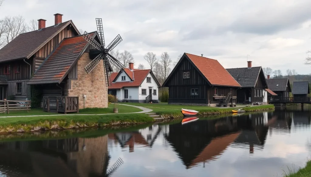 Image of a traditional Lithuanian village with wooden houses and a watermill