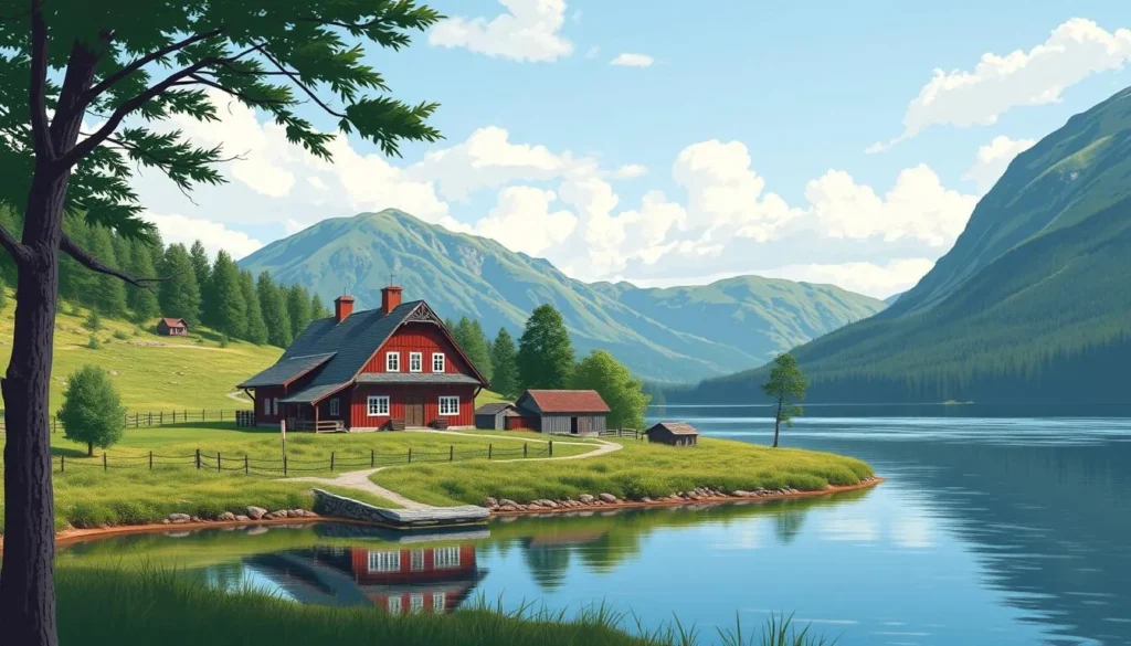 Image of a traditional Norwegian farm near Lake Vinstre