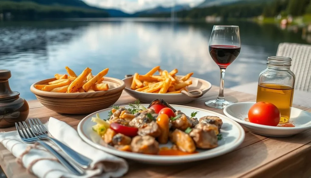 Image of a traditional Norwegian meal served lakeside