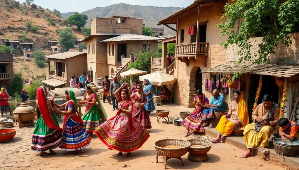 Image of a traditional Rajasthani village setup with folk dancers and artisans