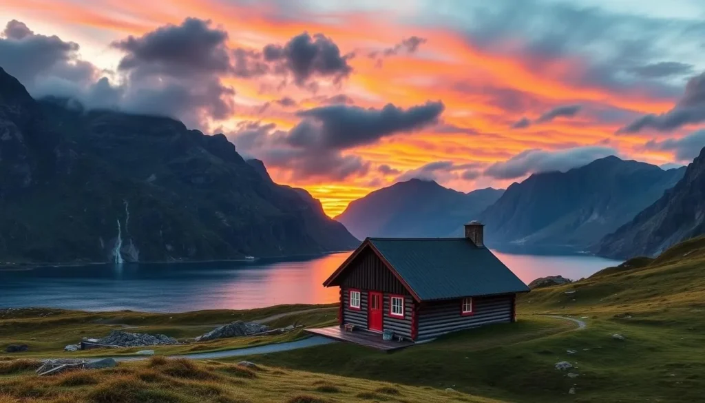 Image of a traditional Rorbuer cabin in the Lofoten Islands