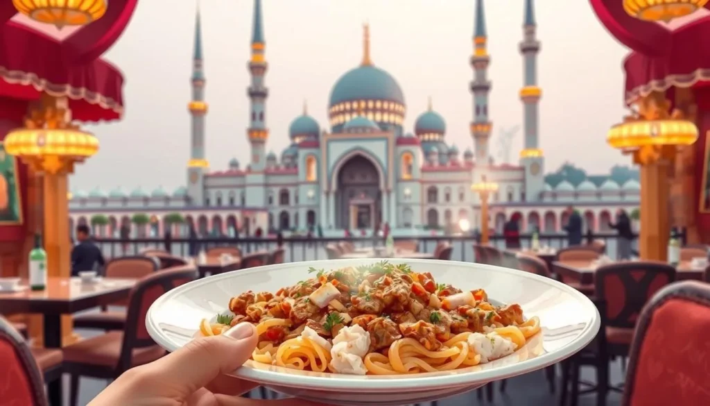 Image of a traditional Saudi dish, Kabsa, being served in a restaurant near the Prophet's Mosque