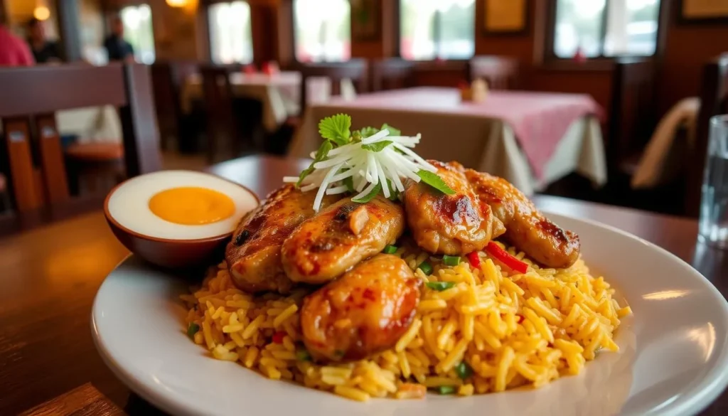 Image of a traditional northern Peruvian dish, such as "arroz con pato," served in a local restaurant