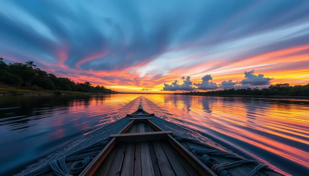 Image of a traditional wooden raft sailing on the Magdalena River during sunset