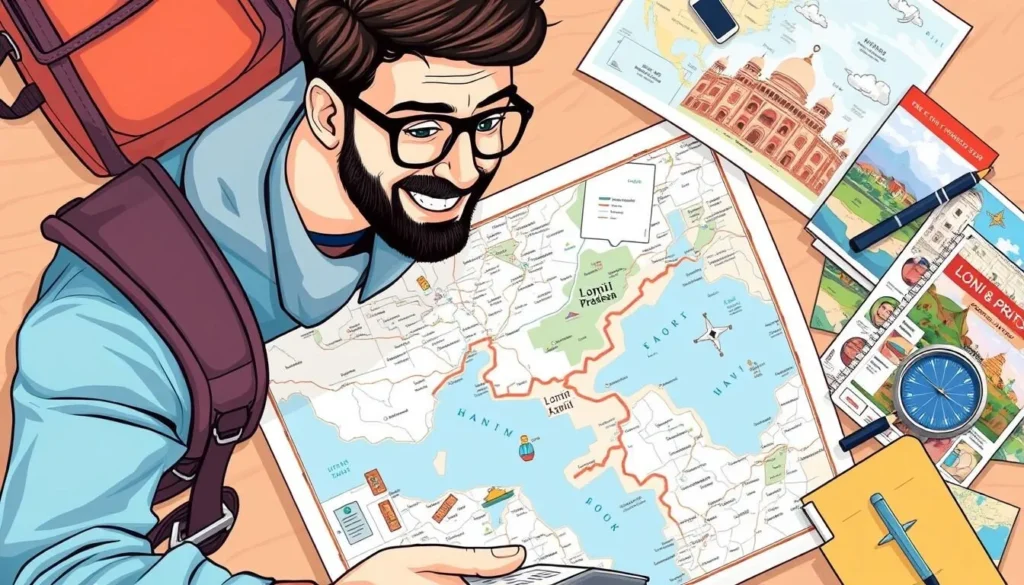 Image of a traveler planning a trip to Loni, Uttar Pradesh, with a map and travel guides.