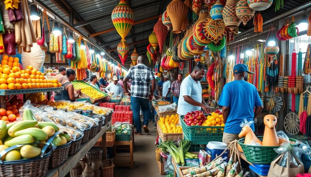 Image of a vibrant market in Roura, French Guiana, with fresh produce and artisan crafts on display
