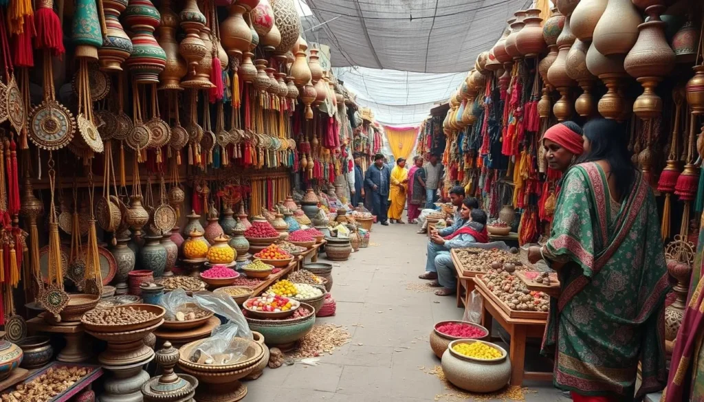 Image of a vibrant market scene in Loni, Uttar Pradesh, showcasing various handicrafts and local products.