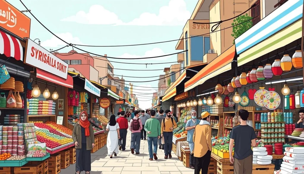 Image of a vibrant souk in Lattakia, Syria, with colorful stalls and shoppers.