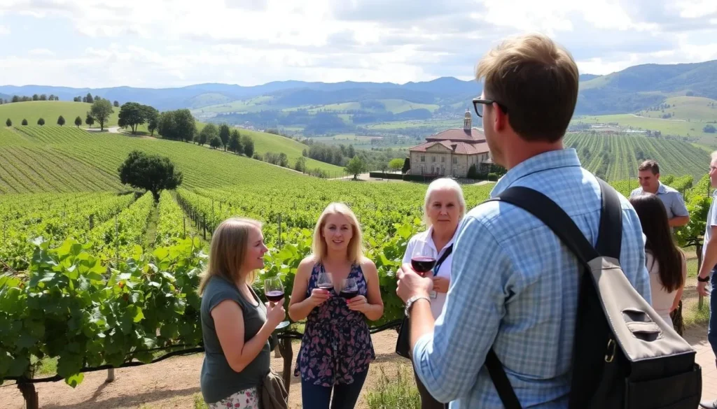 Image of a vineyard in Salto, Uruguay, with a guided tour group tasting wine