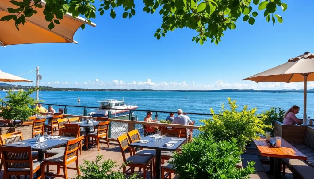 Image of a waterfront restaurant in Alexandria Bay with a scenic view of the St. Lawrence River Image of a waterfront restaurant in Alexandria Bay with a scenic view of the St. Lawrence River