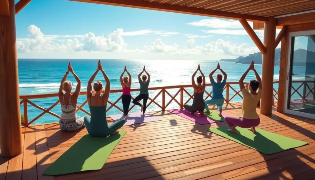 Image of a yoga class on a wooden deck overlooking the ocean