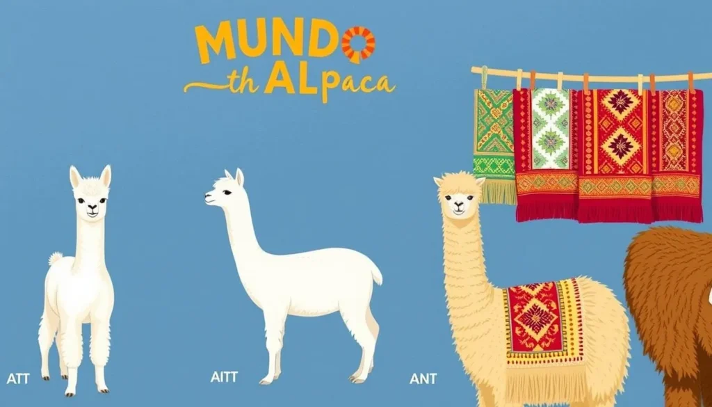 Image of alpacas at Mundo Alpaca and examples of alpaca textiles