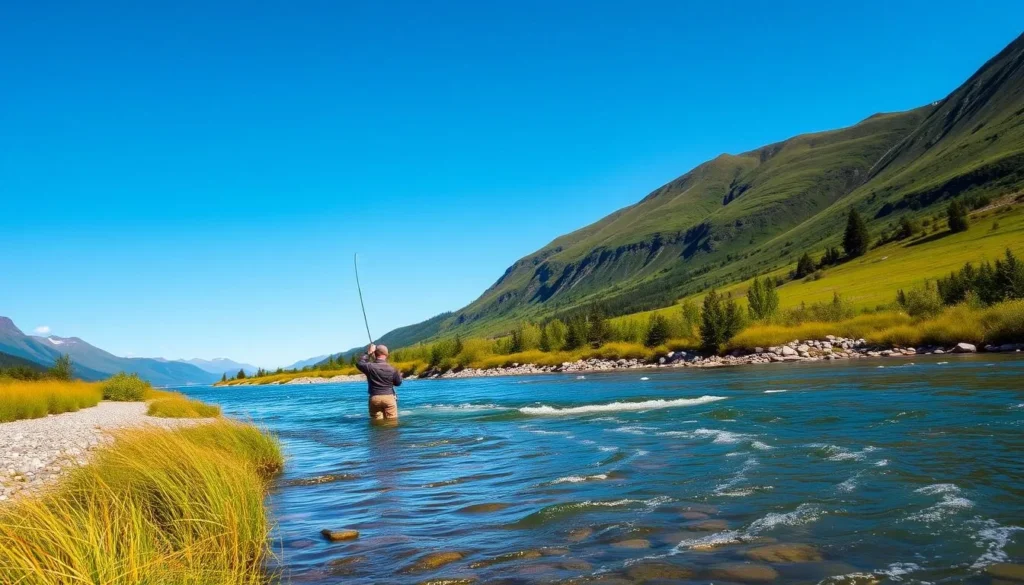 Image of an angler fishing in Alta River with a beautiful landscape