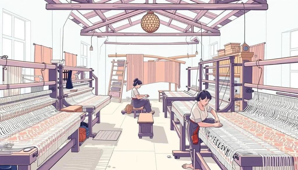 Image of artisans weaving on traditional looms
