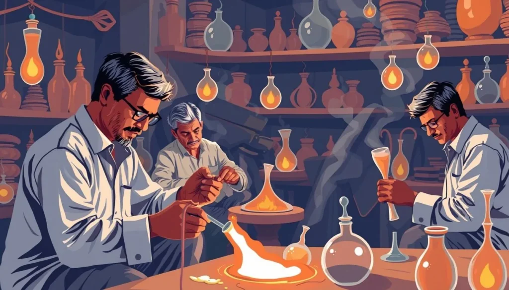 Image of artisans working with molten glass in Firozabad workshops