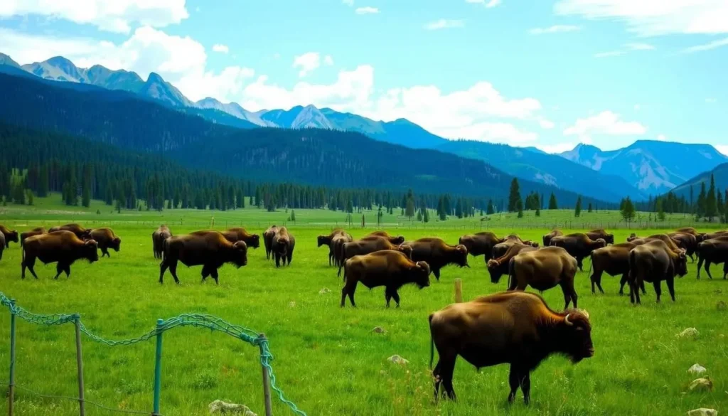 Image of buffalo grazing at the Rocky Mountain Buffalo Ranch