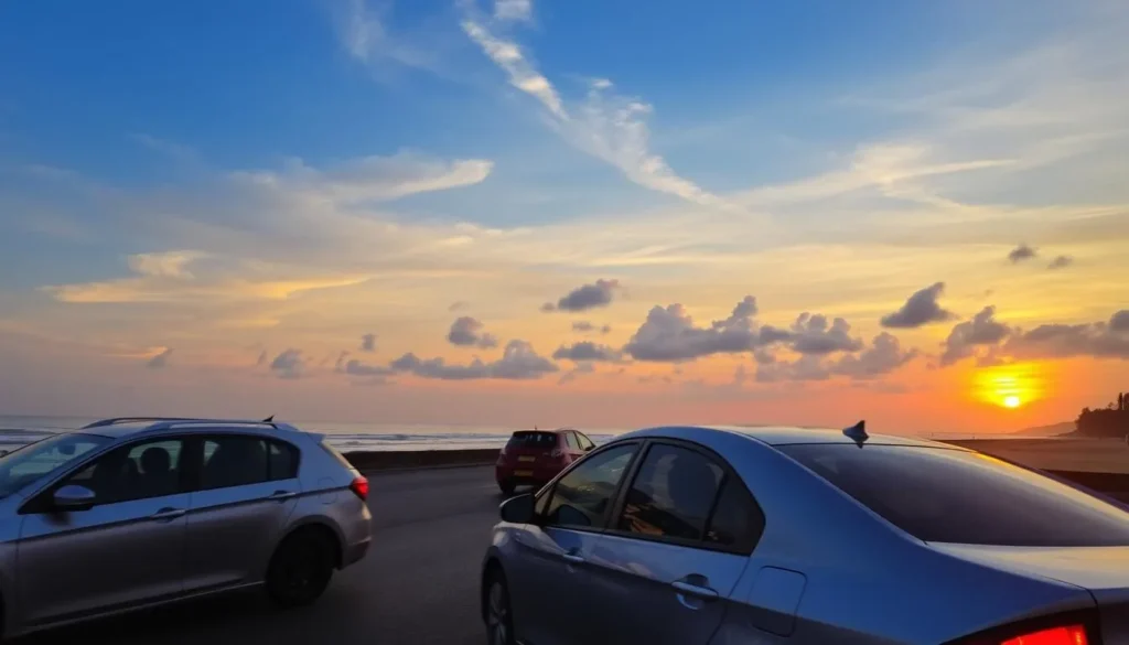 Image of cars driving along the beach during sunset in Kannur