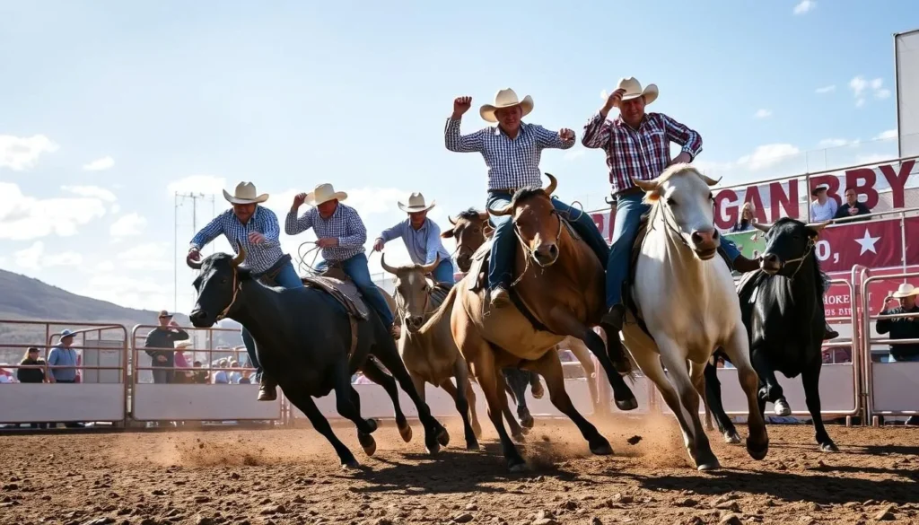Image of cowboys riding bulls at the Granby Rodeo