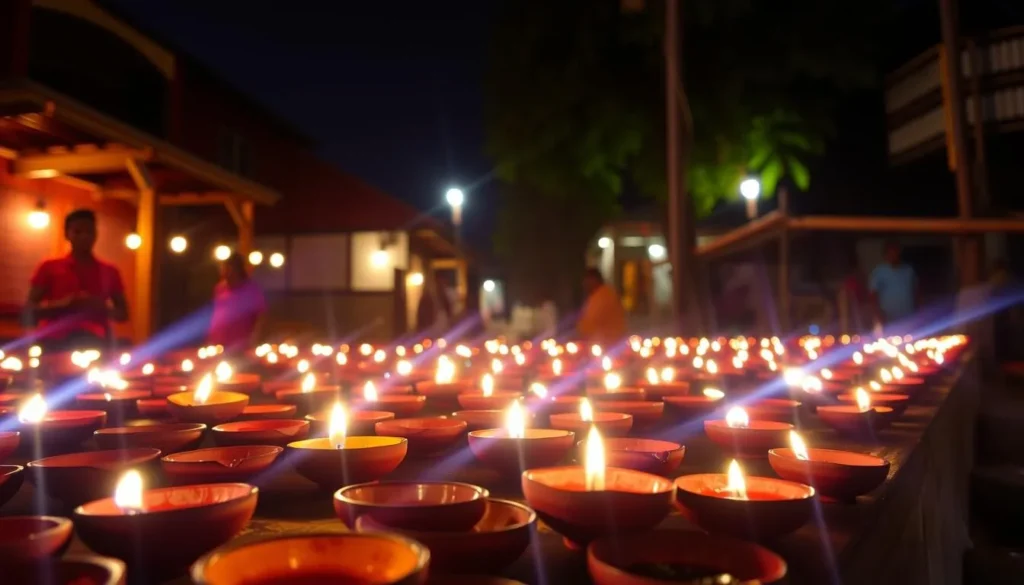 Image of diyas (small clay oil lamps) illuminating homes and public spaces in Guyana during Diwali