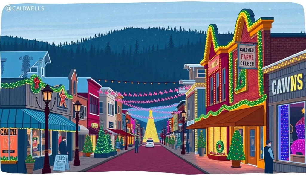 Image of downtown Caldwell decorated with Christmas lights