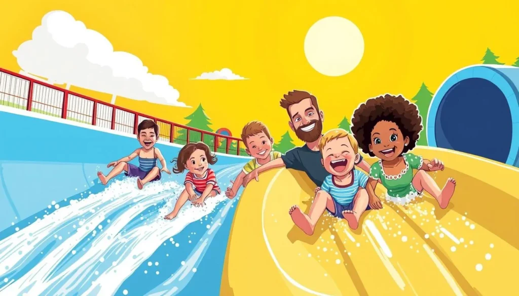 Image of families enjoying the river slides at Whitecourt Rotary Park on a sunny day.