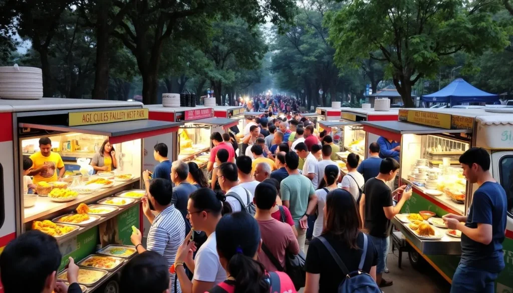 Image of food trucks at Ben Hinnom Valley Park with people enjoying diverse dishes