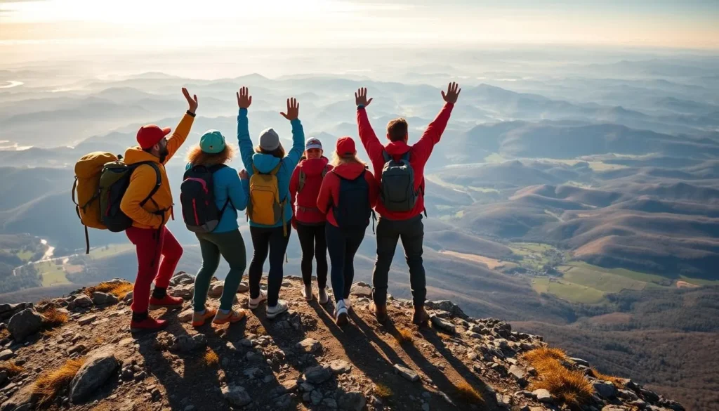 Image of hikers at the top of Steinsfjellet hill with a panoramic view