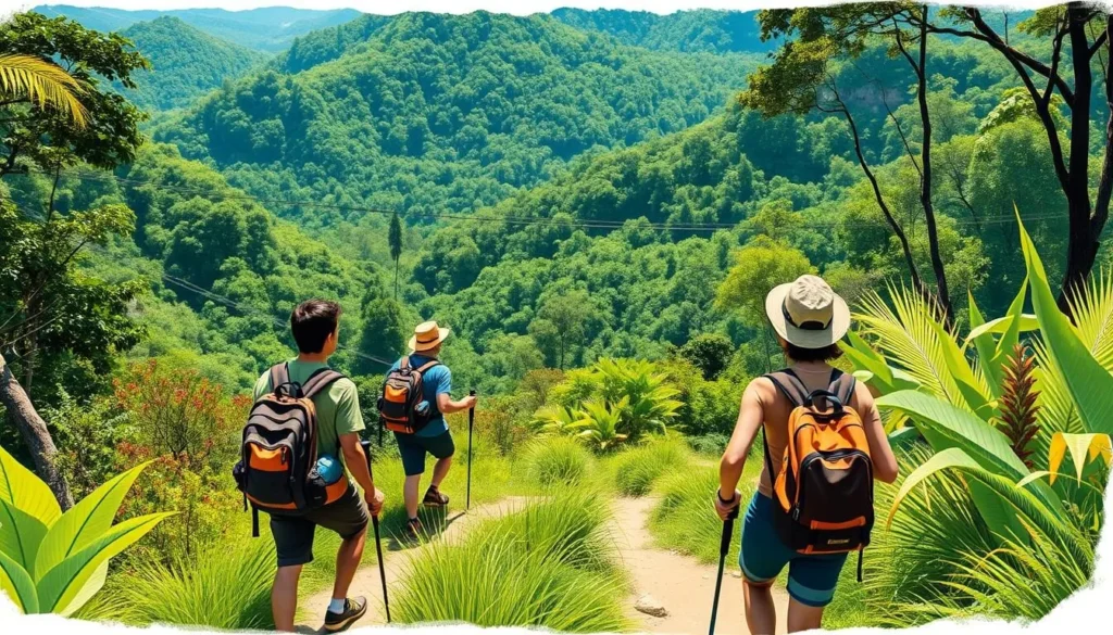 Image of hikers on the Sentier du Rorotá trail with lush jungle in the background