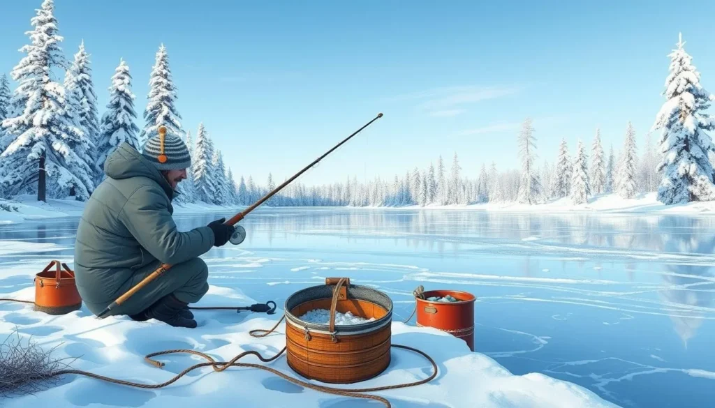 Image of ice fishing on a frozen lake in Lapland