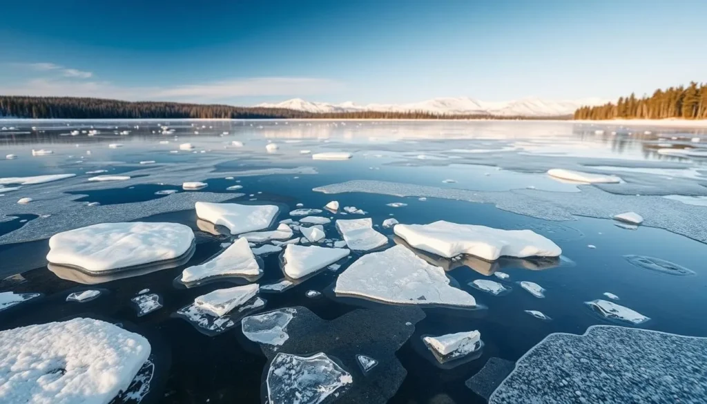 Image of ice floating in Nuuksio National Park with a frozen lake and snowy surroundings