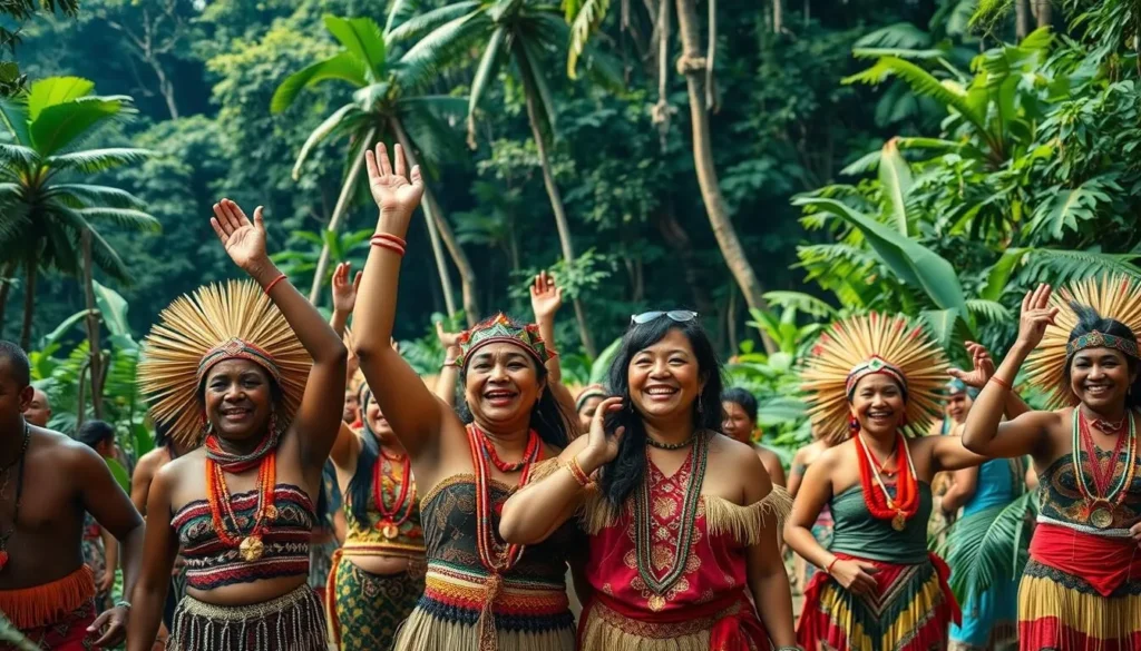 Image of indigenous communities celebrating in the rainforest