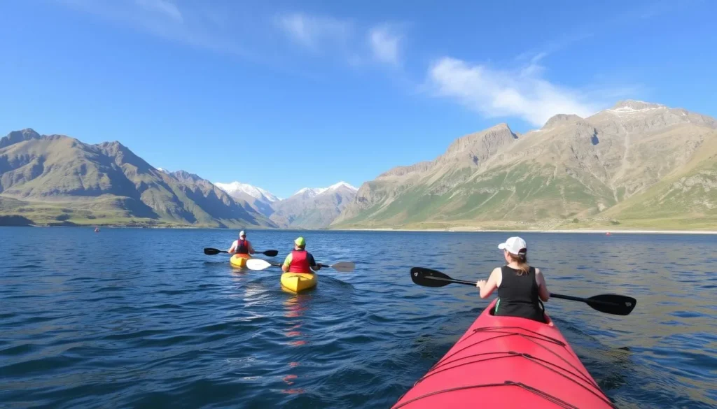 Image of kayakers paddling on Jølstravatnet with mountains in the background