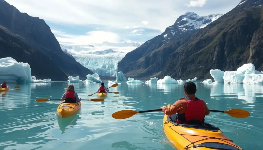 Image of kayakers paddling on a glacial lake with icebergs
